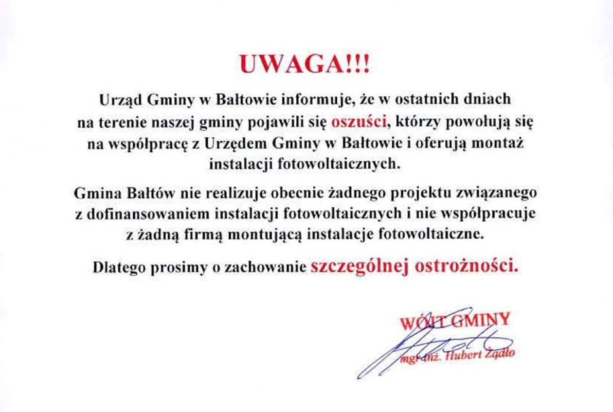 Mieszkańcu Gminy Bałtów. Nie daj się oszukać!