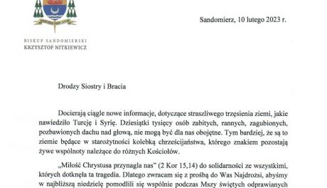 Apel Biskupa sandomierskiego w związku z trzęsieniem ziemi w Turcji i Syrii