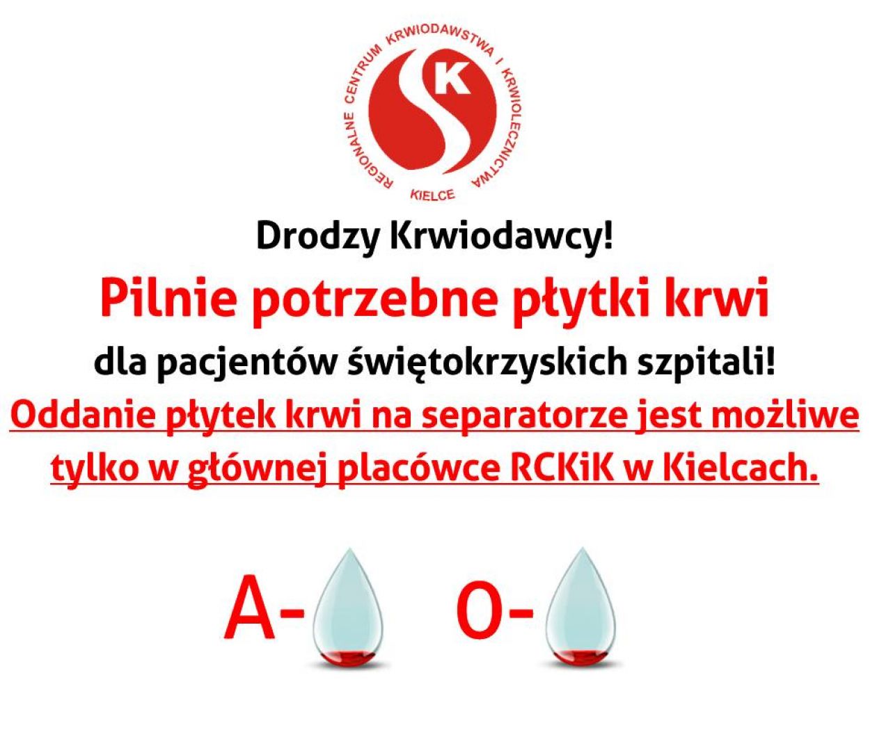 Ważny apel RCKiK w Kielcach! Pilnie potrzebne płytki krwi