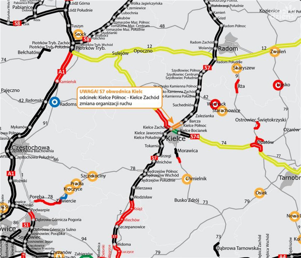 Planowana zmiana organizacji ruchu na obwodnicy Kielc – zawężenia jezdni