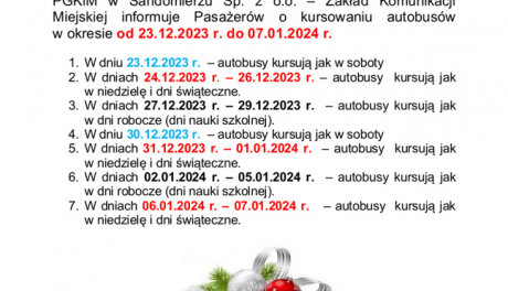 Świąteczne rozkłady jazdy nadal obowiązują w Sandomierzu