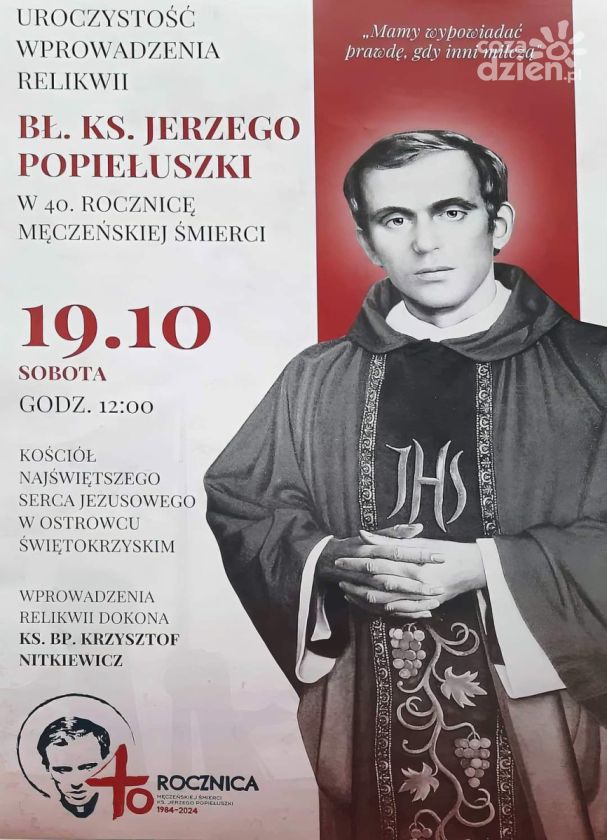 Relikwie bł. ks. Jerzego Popiełuszko będą w ostrowieckim kościele 