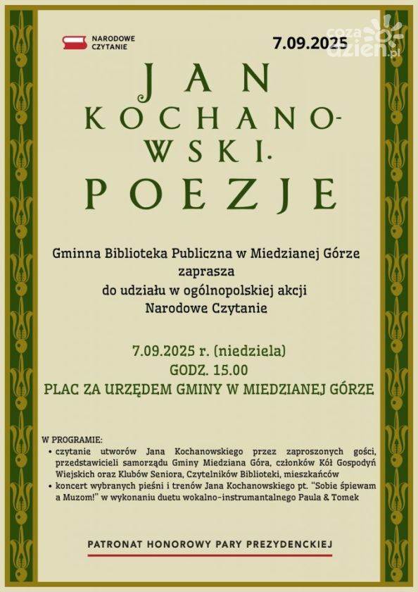 Narodowe Czytanie 2025 w Miedzianej Górze – poezja Jana Kochanowskiego zabrzmi na nowo