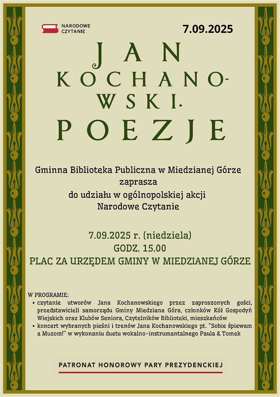 Narodowe Czytanie 2025 w Miedzianej Górze — spotkanie z Mistrzem z Czarnolasu