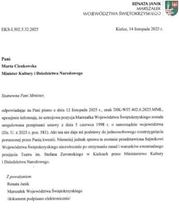 Odpowiedź Renaty Janik na propozycję przejęcia Teatru Żeromskiego