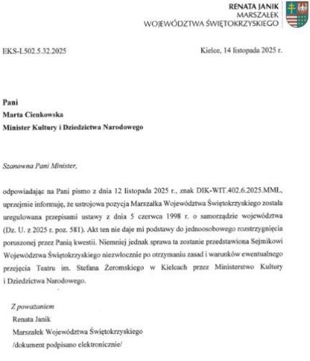 Odpowiedź Renaty Janik na propozycję przejęcia Teatru Żeromskiego