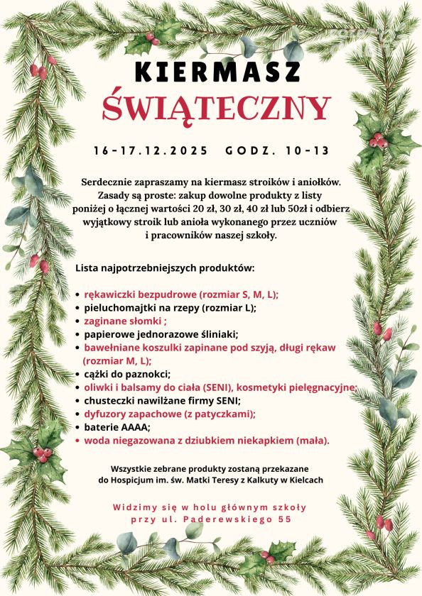 Kiermasz Świąteczny w Szkole przy ul. Paderewskiego – Pomagamy Hospicjum!