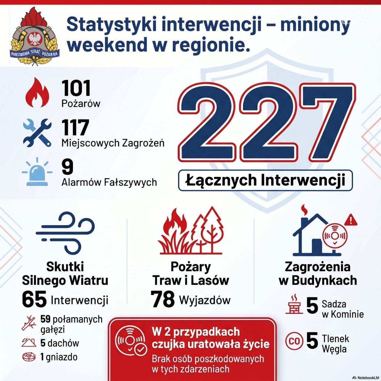 Ponad 220 interwencji strażaków w jeden weekend. Dominowały pożary traw i skutki silnego wiatru